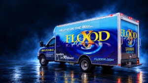 FloodX box truck featuring blue vehicle wrap and FloodX branding